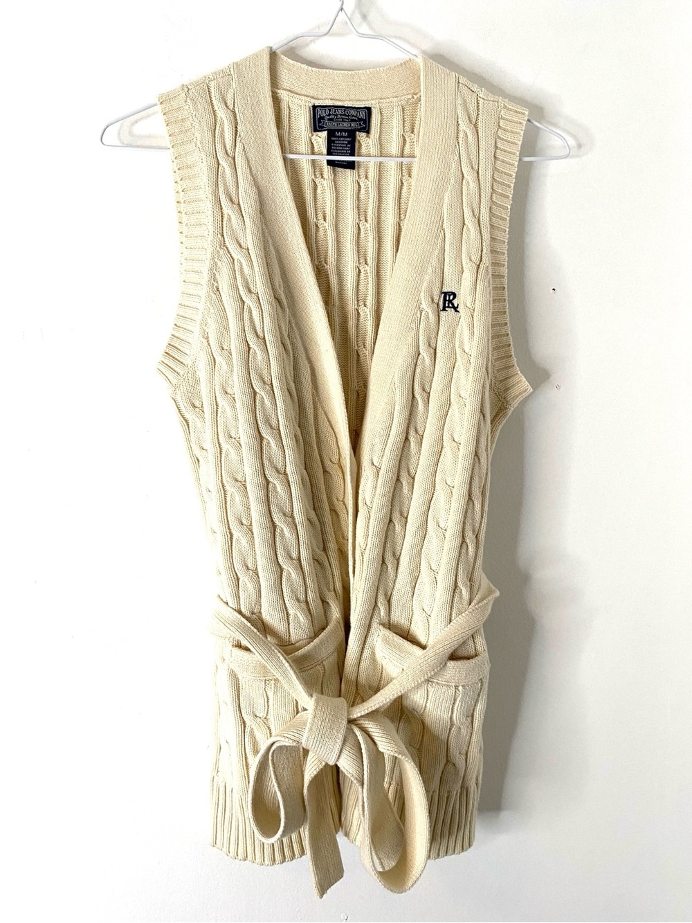 Polo Ralph Lauren Cream 100% Cotton Cable Knit Belted Long Cardigan Sweater Vest